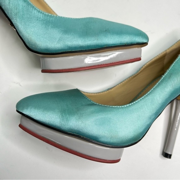 CHARLOTTE OLYMPIA Teal Aquamarine Satin Pointed-Toe Platform Grey Pumps Heels - Picture 6 of 12